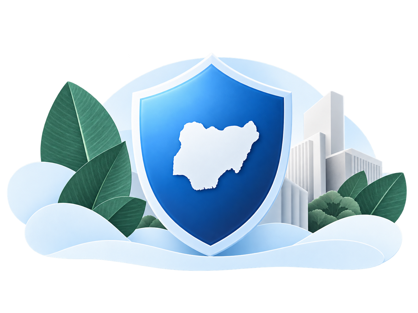 Compliance shield with Nigeria map and office buildings