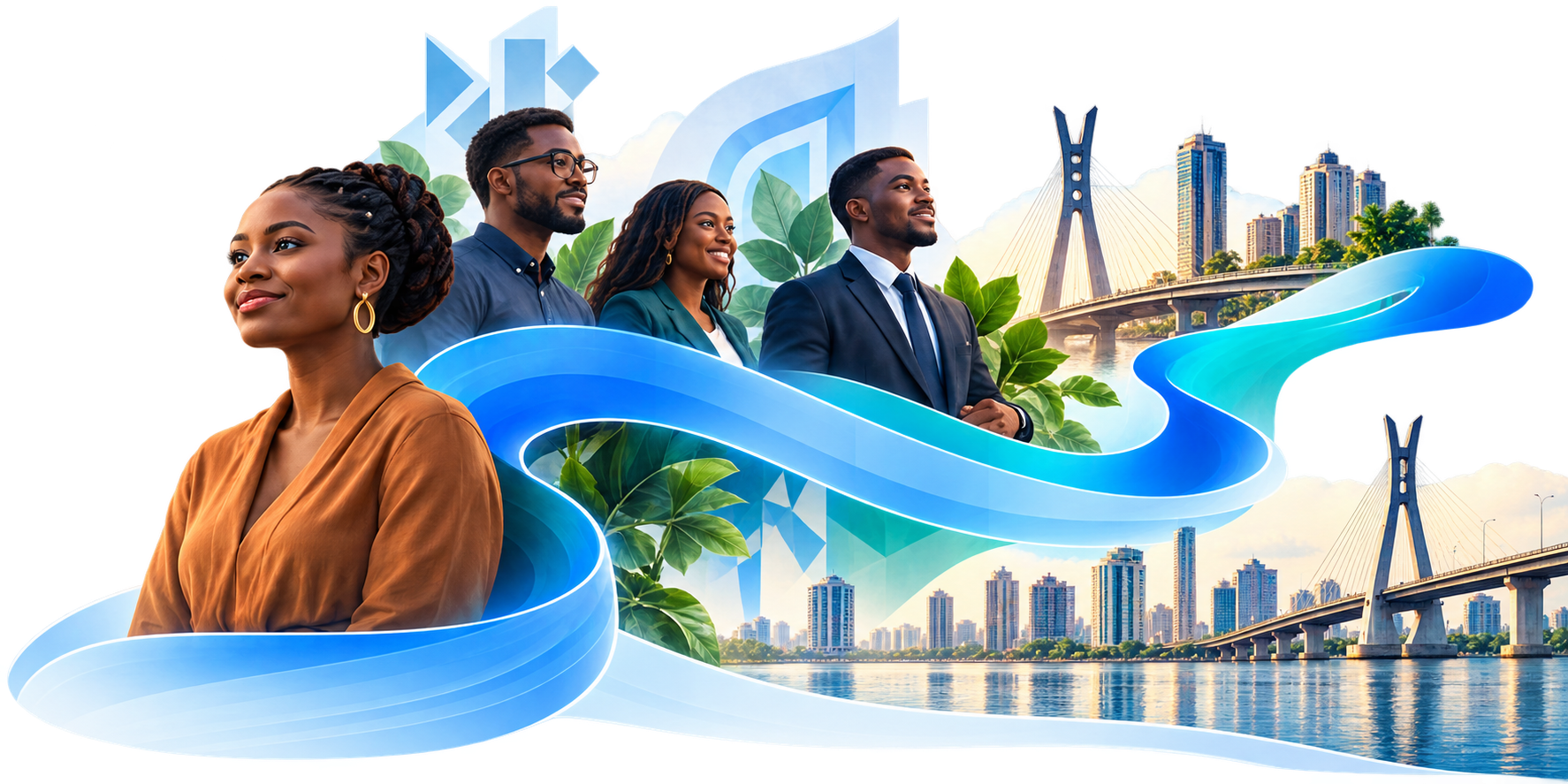 Nigerian professionals standing together with the Lekki-Ikoyi link bridge behind them